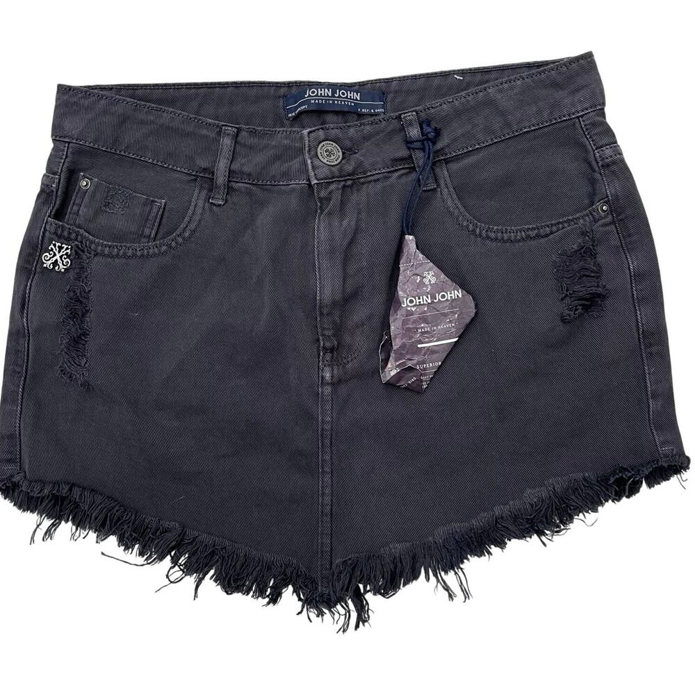 John John Women's 28 Black Distressed Denim Fringed Mini Skirt NWT